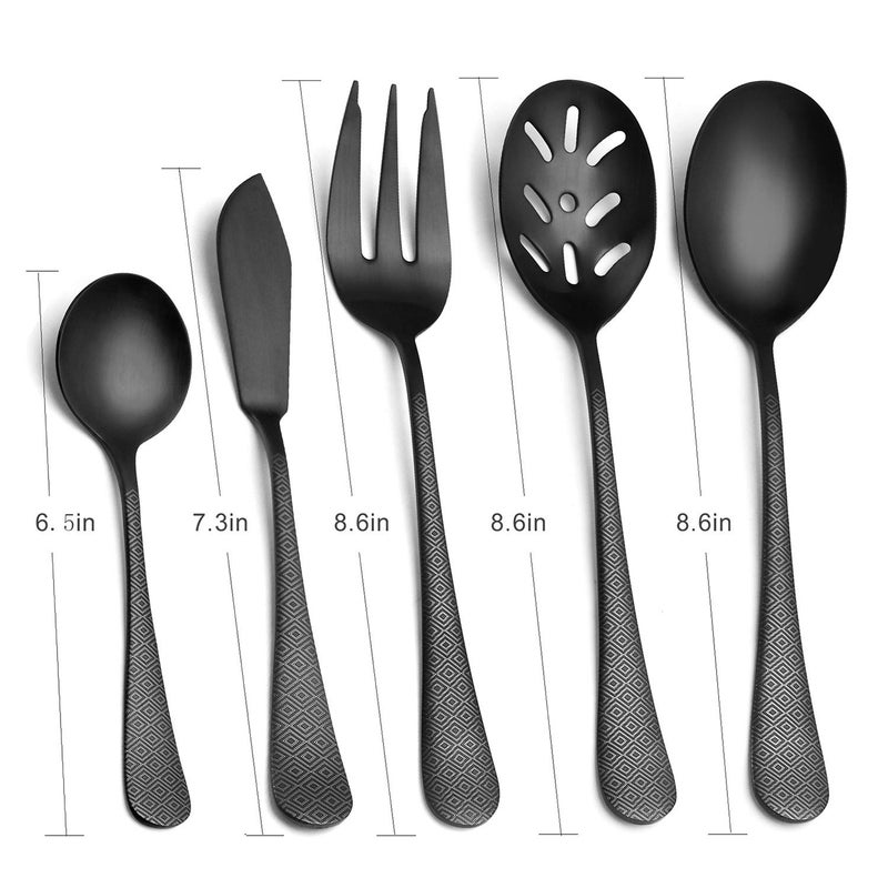 sharecook Matte Black Serving Set, sharecook 5-Piece 18/0 Stainless Steel Large Hostess Set with Round Edge, Satin Finished, Dishwasher Safe -Spoons, Forks,Butter Knife& Slotted Spoon - Image 2